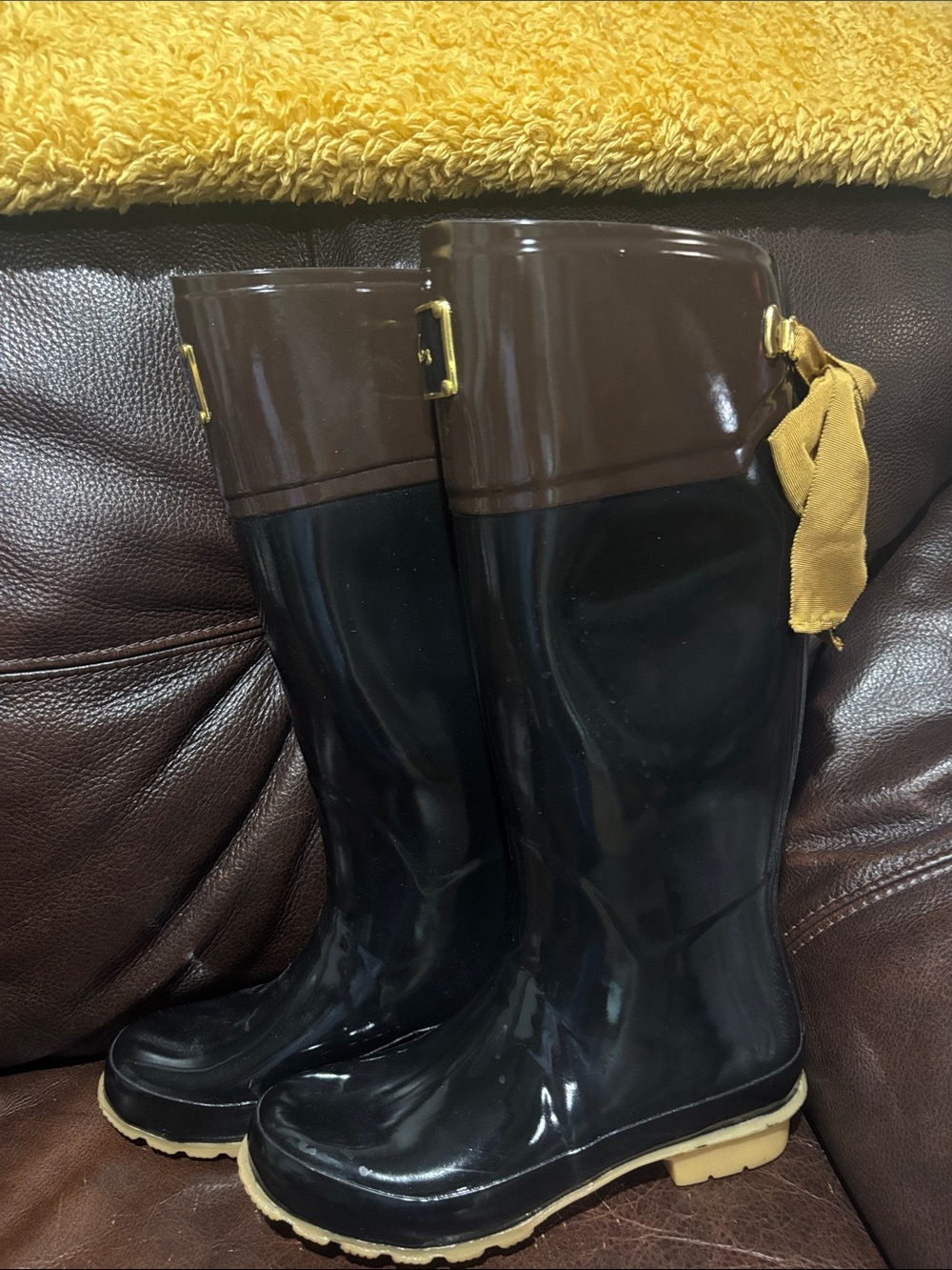 Joules Black and Brown Glossy Tall Rain Boots with Tan Trim - Picture 2 of 10